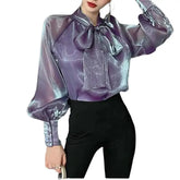 Elegant Bow Long Sleeve Shiny Shirt